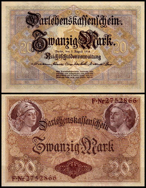 Германия 20 марок 1914 UNC P.48b 7-значный номер