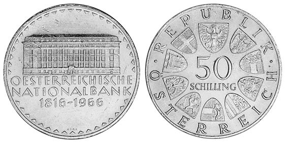 Австрия, 50 шиллингов 1966 год, 150 лет Национальному банку