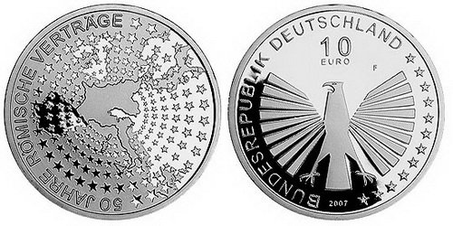 Германия, 10 евро 2007 F (PROOF) 50-летие Римского договора