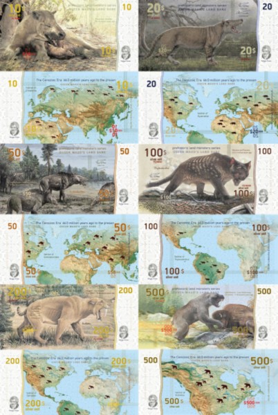 Земля Королевы Мод. Набор из 6 банкнот. Доисторические хищные млекопитающие (полимерная бумага) UNC