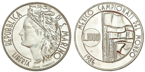 Сан Марино, 1000 лир 1986 (UNC, серебро) Чемпионат мира по футболу в Мексике