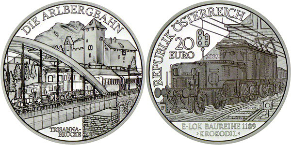 Австрия, 20 евро 2009 год, Электрическая железная дорога, ПРУФ