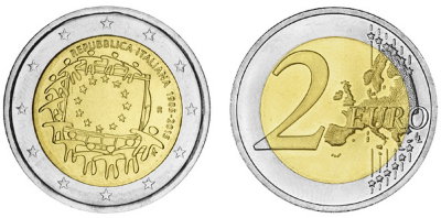 Италия, 2 евро 2015 год, 30 лет флагу ЕС