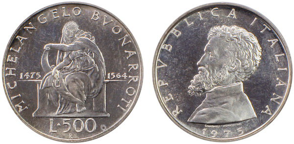 Италия, 500 лир 1975 год, Микеланджело Буонаротти