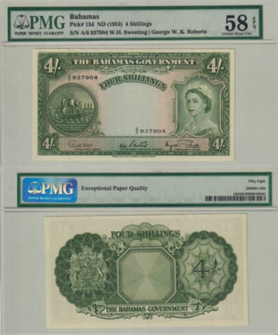 Багамские острова 4 шиллинга 1953 (AUNC Pick 13d)