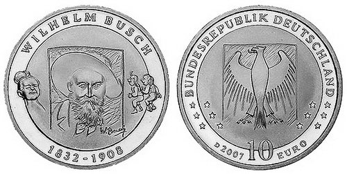 Германия, 10 евро 2007 D (UNC) 175 лет со дня рождения поэта-юмориста Вильгельма Буша