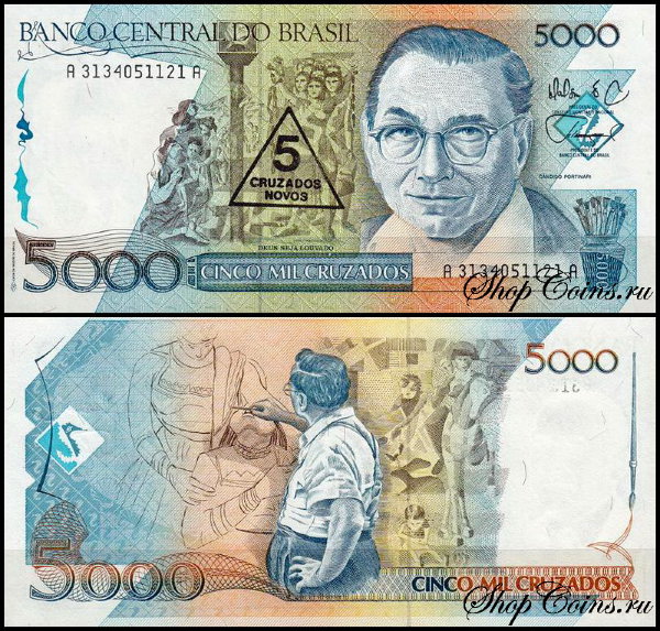 Бразилия 5 крузадо 1989 (UNC Pick 217) На банкноте 5000 крузадо