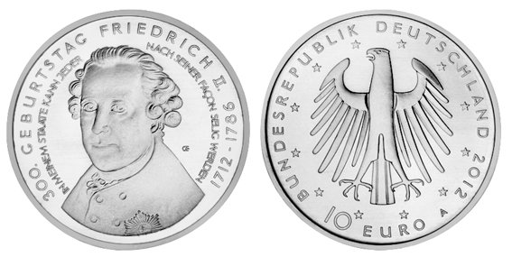 Германия, 10 евро 2012 A (UNC, никель) 300 лет со дня рождения короля Пруссии Фридриха II Великого