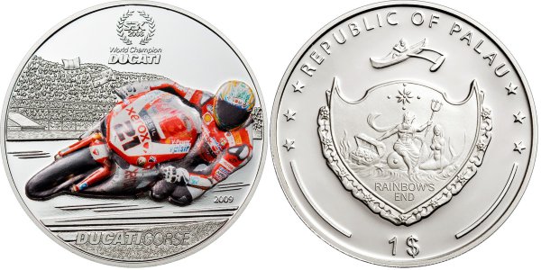 Палау, 1 доллар 2009 год, ЧМ по супербайку, Трой Бэйлисс, Дукати, ПРУФ