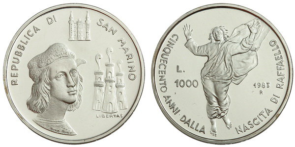Сан Марино, 1000 лир 1983 (UNC, серебро) 500 лет со дня рождения художника Рафаэля Санти