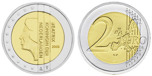 Нидерланды, 2 евро 2005 (UNC, биметалл)
