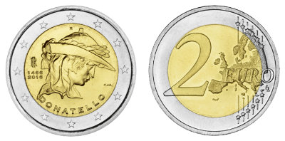 Италия, 2 евро 2016 год, Донателло