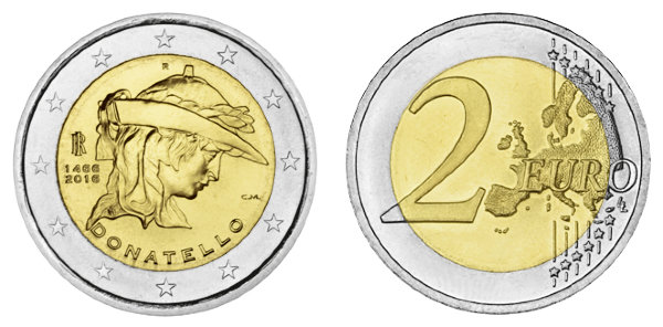 Италия, 2 евро 2016 год, Донателло