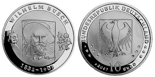 Германия, 10 евро 2007 D (PROOF) 175 лет со дня рождения поэта-юмориста Вильгельма Буша