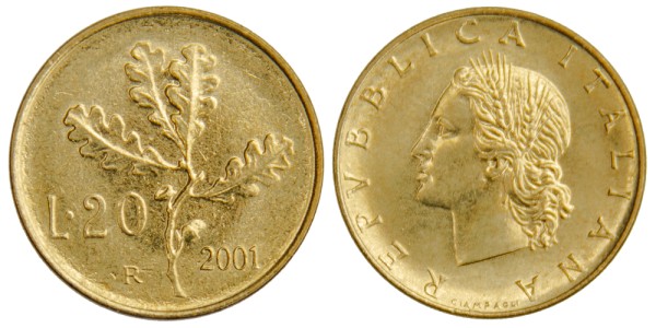 Италия, 20 лир 2001 год,