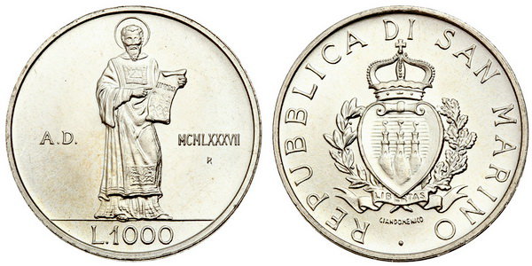 Сан Марино, 1000 лир 1987 (UNC, серебро)