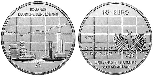 Германия, 10 евро 2007 J (UNC) 50 лет Немецкому Национальному Банку