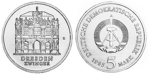 ГДР, 5 марок 1985 год, Музейный ансамбль Цвингер
