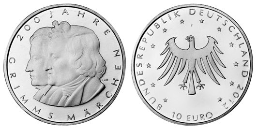 Германия, 10 евро 2012 F (UNC, никель) 200 лет сказкам братьев Гримм
