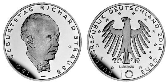 Германия, 10 евро 2014 D (PROOF, серебро) 150 лет со дня рождения композитора Рихарда Штрауса