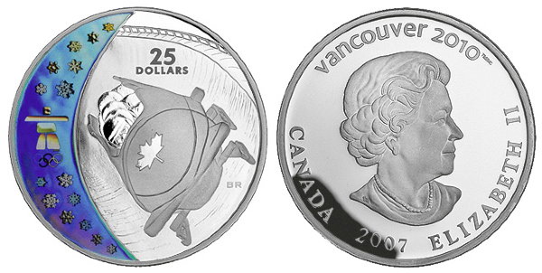 Канада, 25 долларов 2008 год, XXI Олимпийские игры в Ванкувере, Бобслей, ПРУФ