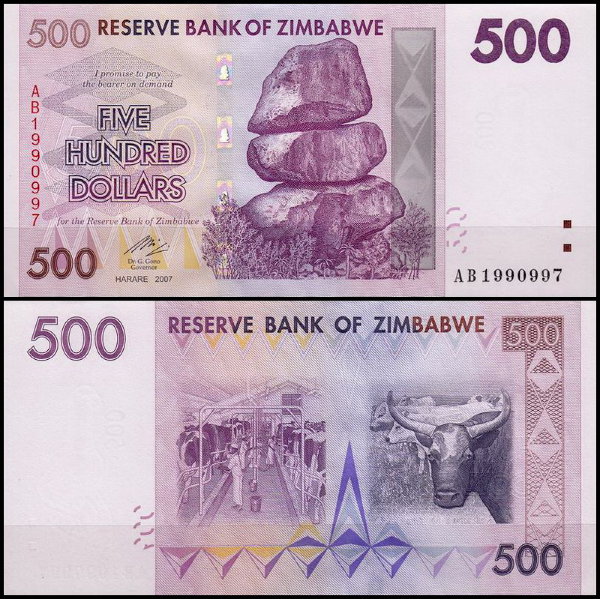 Зимбабве 500 долларов 2007 (UNC Pick 70)