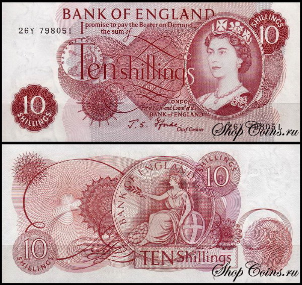 Англия 10 шиллингов 1966-1970 (UNC Pick 373с) Подпись J.S.Fforde
