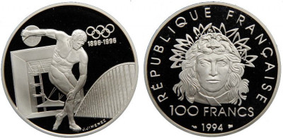 Франция, 100 франков 1994 год, Метание диска, ПРУФ