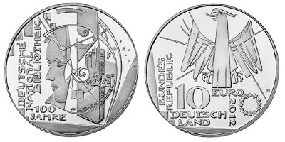 Германия, 10 евро 2012 D (UNC, никель) 100 лет Немецкой национальной библиотеке
