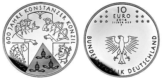 Германия, 10 евро 2014 F (PROOF, серебро) 600 лет вселенскому собору, проходившему в городе Констанца