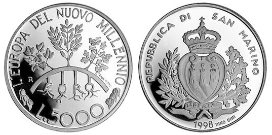 Сан Марино, 5000 лир 1998 (PROOF, серебро) Европа в новом тысячилетии