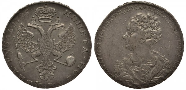 Россия, Рубль 1726 год, 10 перьев в крыле орла