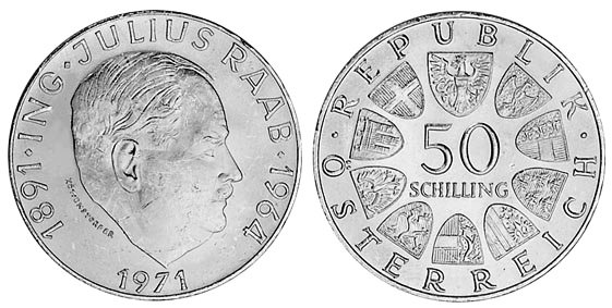 Австрия, 50 шиллингов 1971 год, Юлиус Рааб
