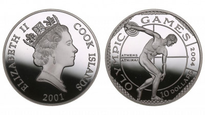 Острова Кука, 10 долларов 2001 год, Метание диска, ПРУФ