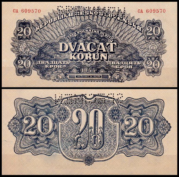 Чехословакия 20 крон 1944 (UNC Pick 47s)