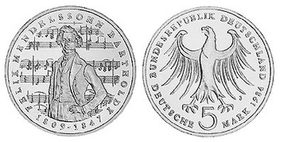 Германия, 5 марок 1984 год, Феликс Мендельсон