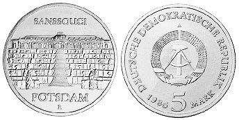 ГДР, 5 марок 1986 год, Королевский дворец Сан-Суси в Потсдаме