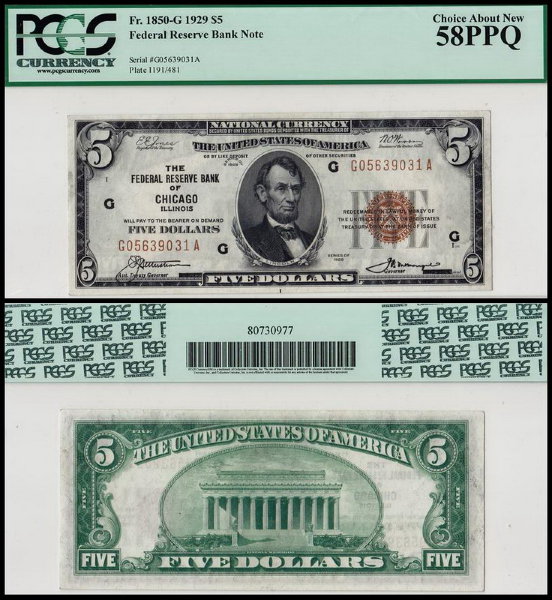 США 5 долларов 1929 (AUNC Pick 395) National Currency. PCGS58
