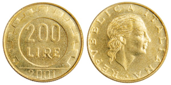 Италия, 200 лир 2001 год,