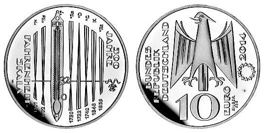 Германия, 10 евро 2014 J (PROOF, серебро) 300 лет изобретению шкалы Фаренгейта