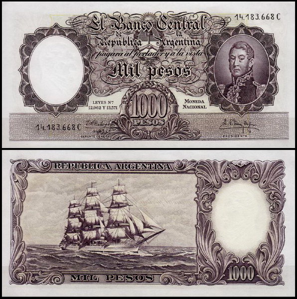 Аргентина 1000 песо 1954-1964 (UNC Pick 274)