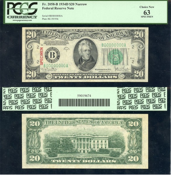 США 20 долларов 1934 SPECIMEN, образец