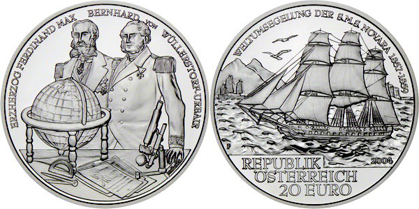 Австрия, 20 евро 2004 год, Фрегат «Новара», ПРУФ