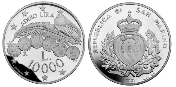 Сан Марино, 10000 лир 2001 (PROOF, серебро) Переход на евро