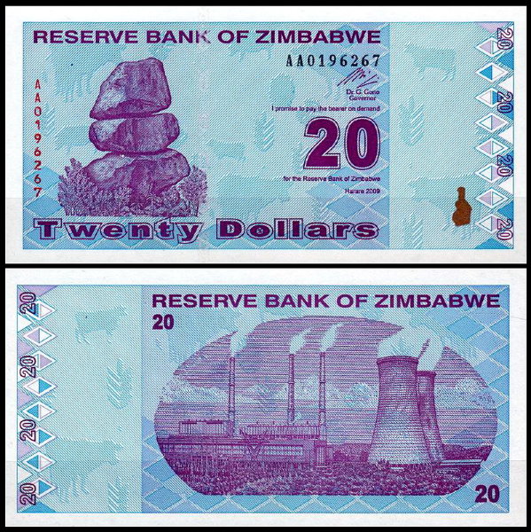 Зимбабве 20 долларов 2009 (UNC Pick 95)