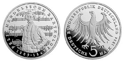 Германия, 5 марок 1984 год, Феликс Мендельсон, ПРУФ