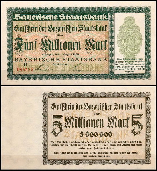Бавария 5.000.000 марок 1923 (UNC Ro BAY220) Бавария 5.000.000 марок 1923 (UNC Ro BAY220)
