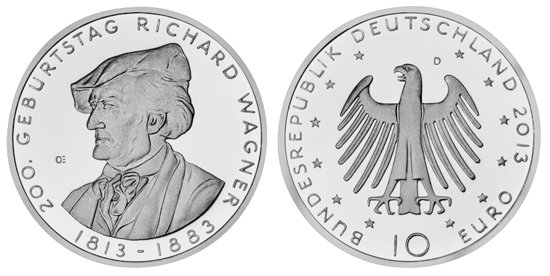 Германия, 10 евро 2013 D (UNC, никель) 200 лет со дня рождения композитора Рихарда Вагнера