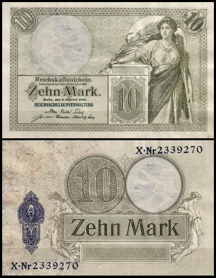 Германия 10 марок 1906 UNC P.9b 7-значный номер