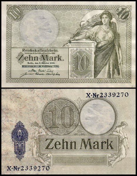 Германия 10 марок 1906 UNC P.9b 7-значный номер